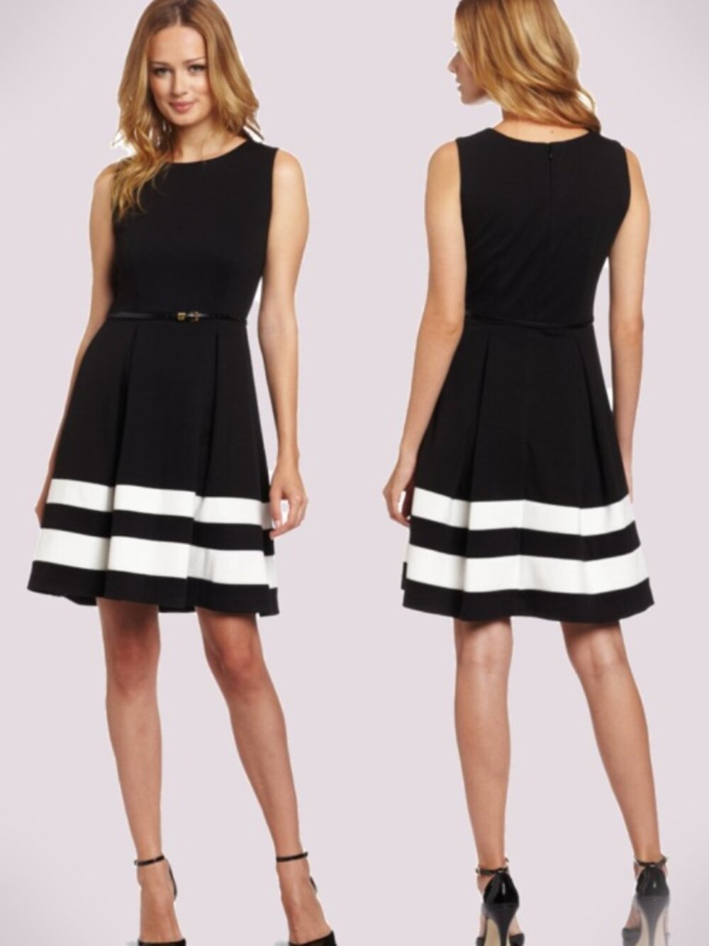 Calvin Klein Fit & Flare Black & White Stripe Dress Pleated skirt style
